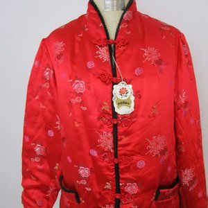 Chinese Reversible Jacket Coat Frogs Red Black Satin Jacquard Brocade